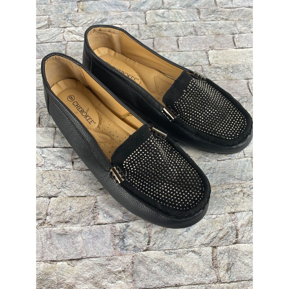 Cherokee CLM-316 Women's Sz 9 Black Rhinestone Loafers Slip On Comfort Shoes